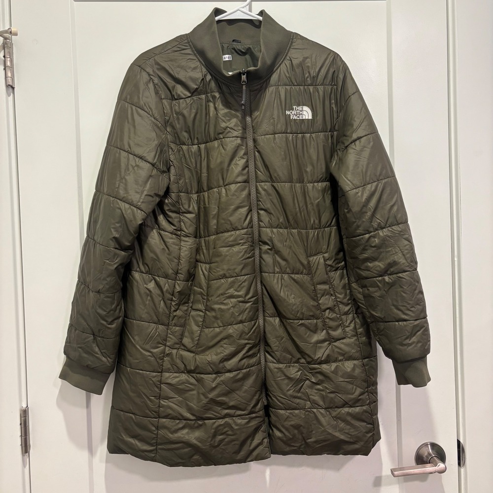 The North Face Womens Longline Puffer Jacket Olive Green Quilted Full Zip Coat L